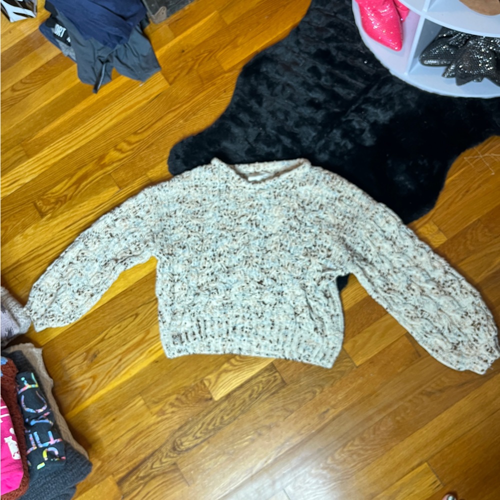 Jessica Simpson Cream Tan Brown Blue Knit Cropped Sweater Size XS